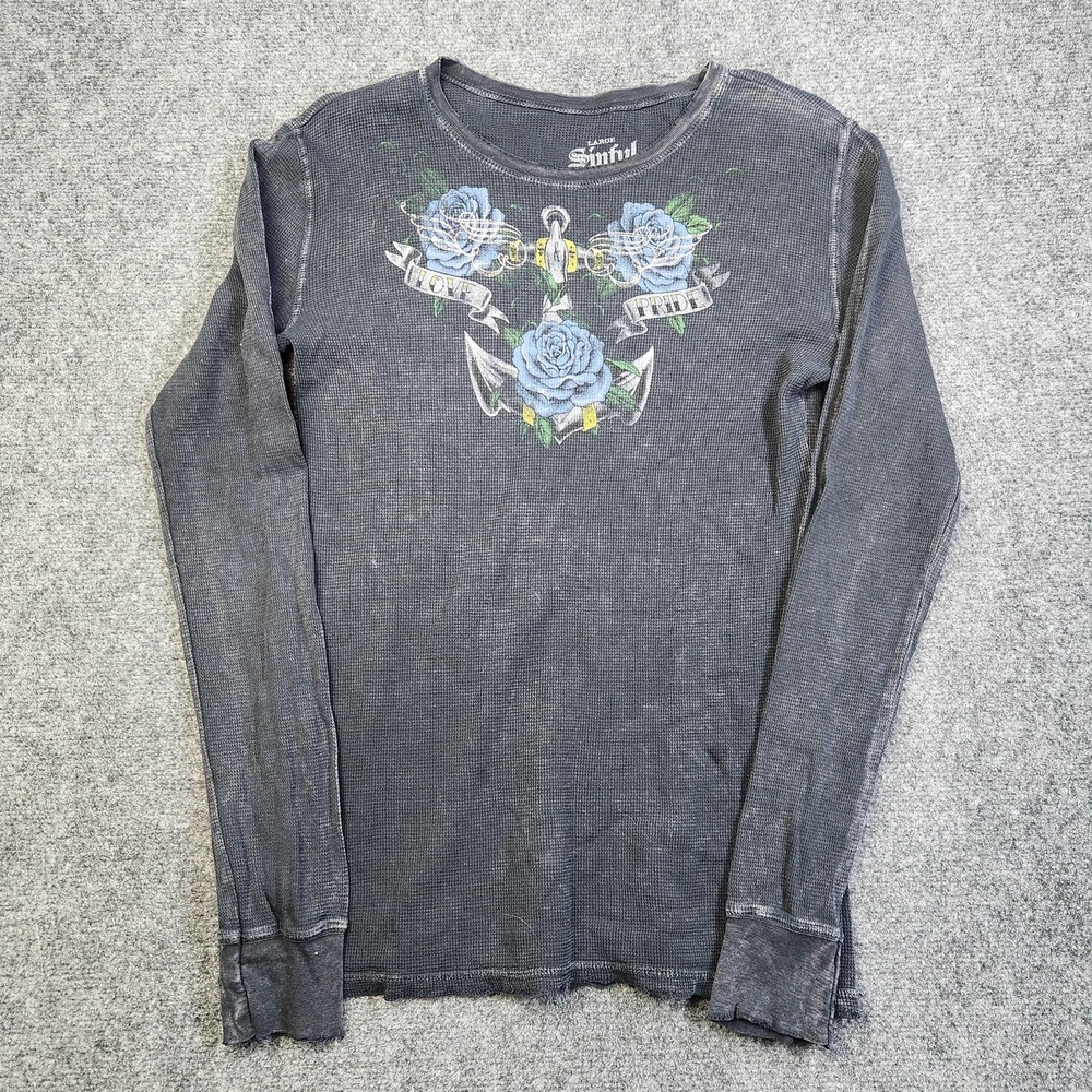 Vintage Y2K Sinful Shirt Womens Large Gray Blue Rose Anchor Wings Thermal